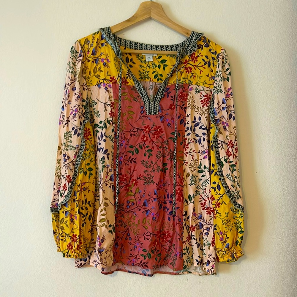 Sundance Floral Patterned Ruffle Color Block Top